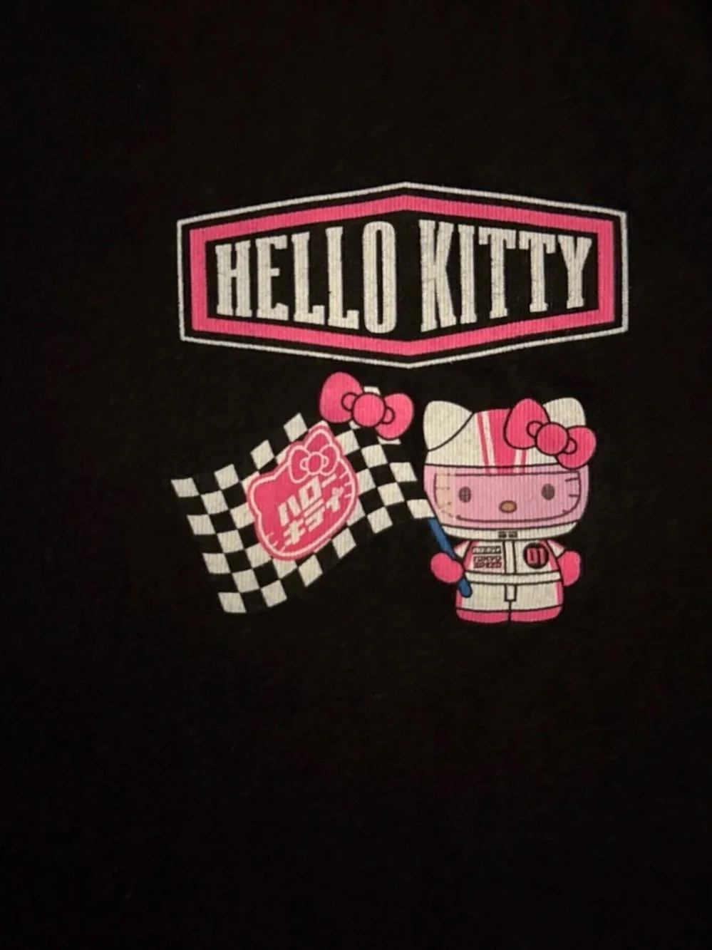 Old Navy Black Tee with Pink Hello Kitty Racing Graphic